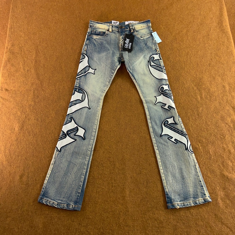 Evolution In Design Boys Size 14 Blue Gothic Patch Stacked Fit Jeans NWT